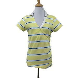 Lija Polo Golf Shirt Womens M Medium Yellow Striped Short Sleeve Collar V Neck